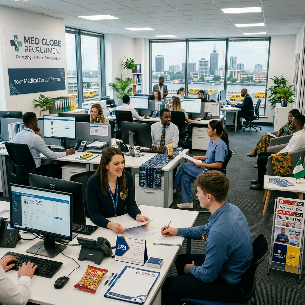 Medical staffing office with employees working at desks and consulting clients