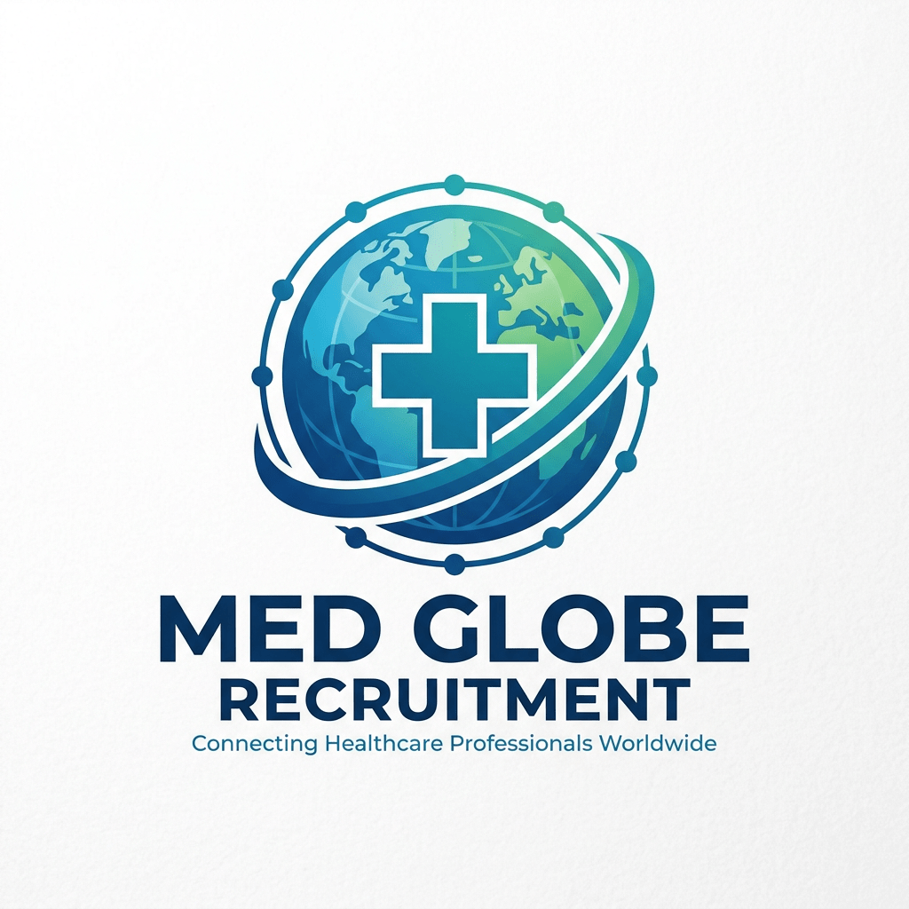 Globe with healthcare cross symbol and orbiting dots logo for Med Globe Recruitment