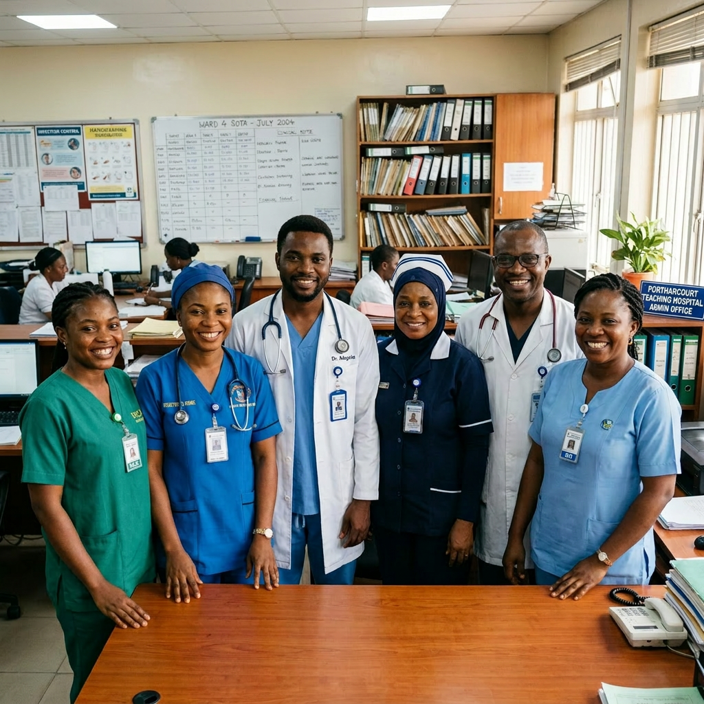 Group of six diverse healthcare professionals standing and smiling in a hospital office.