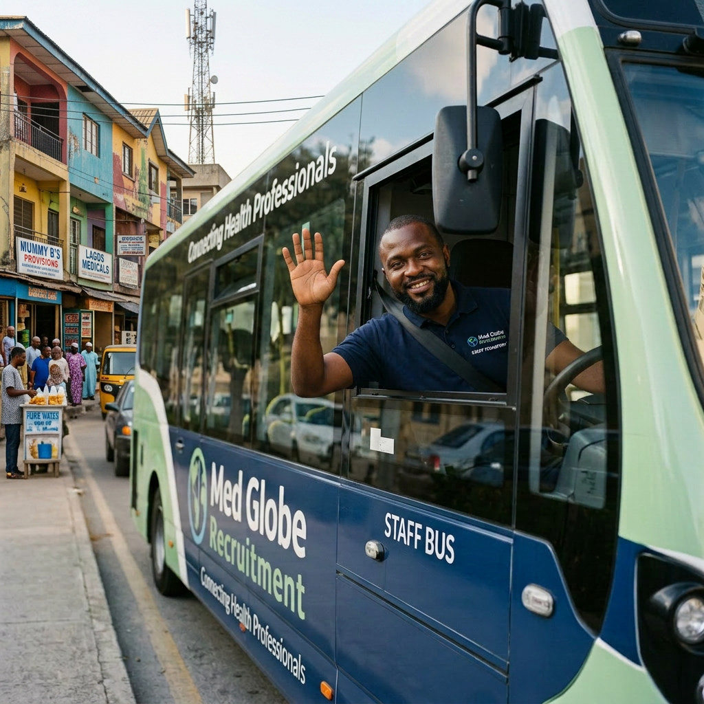 Bus driver smiling and waving from the Med Globe Recruitment staff bus window